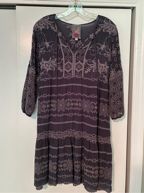 Johnny Was Embroidered Gray Eyelet Mini Dress XS